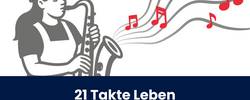 eine grau und rot gehaltene Grafik auf weißem Hintergrund von einer Frau in Latzhose und mit Helm, die Saxophon spielt, außerdem das Motto der diesjährigen DEFA-Filmtage: 21 Takte Leben - Arbeit, Aufbruch & Applaus