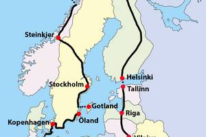 eine Karte von Skandinavien, auf der Meixners Radtour eingezeichnet ist